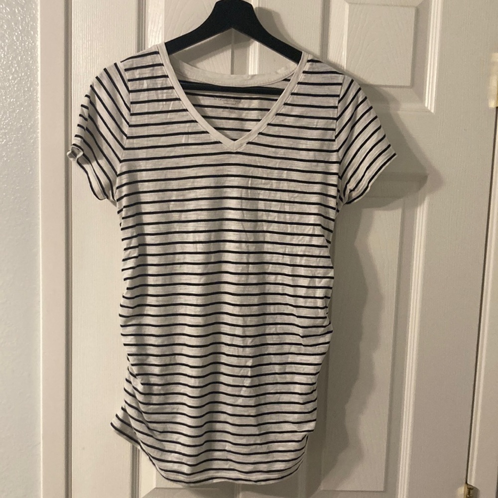 White and Black Striped Maternity V-Neck T-Shirt